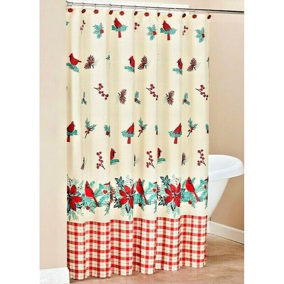 Cardinal Plaid Fabric Shower Curtain Holly Berry Poinsettia Red Bird Winter NEW - Picture 1 of 3